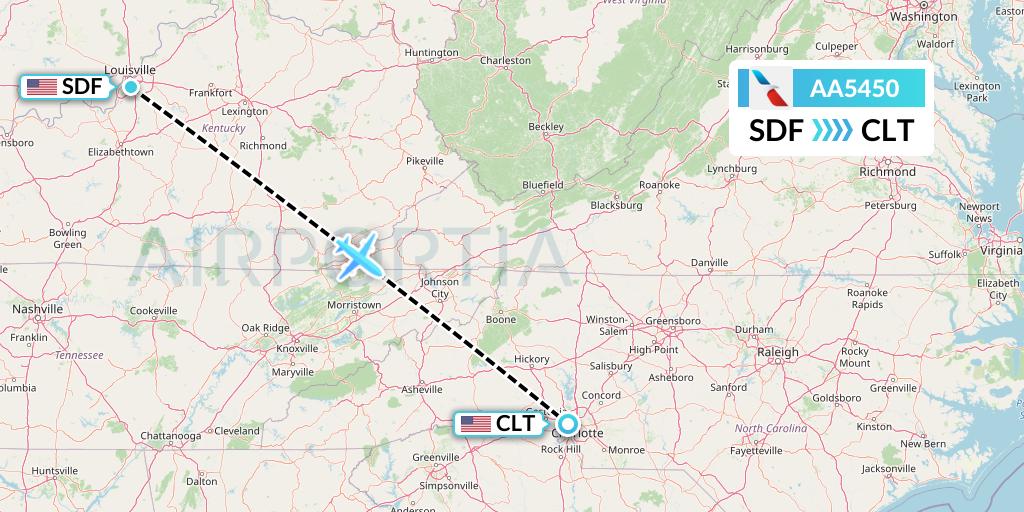 AA5450 American Airlines Flight Map: Louisville to Charlotte
