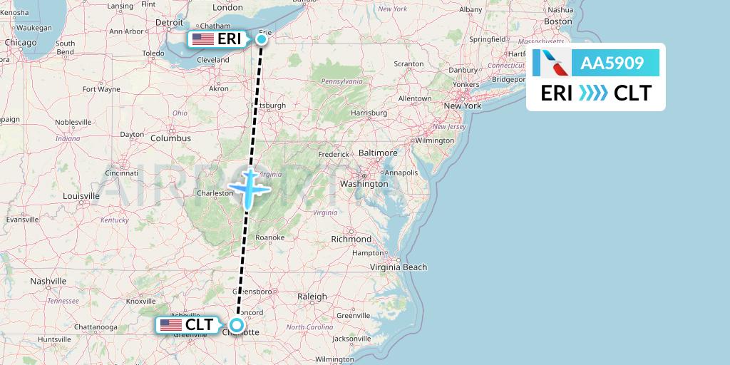 AA5909 American Airlines Flight Map: Erie to Charlotte