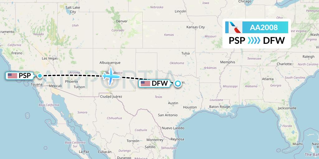 AA2008 American Airlines Flight Map: Palm Springs to Dallas