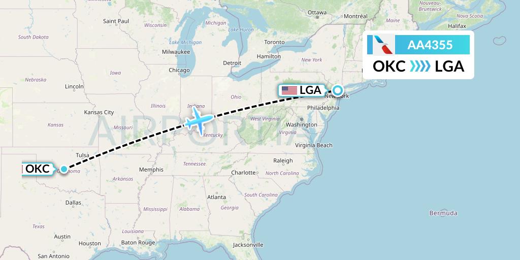 AA4355 American Airlines Flight Map: Oklahoma City to New York