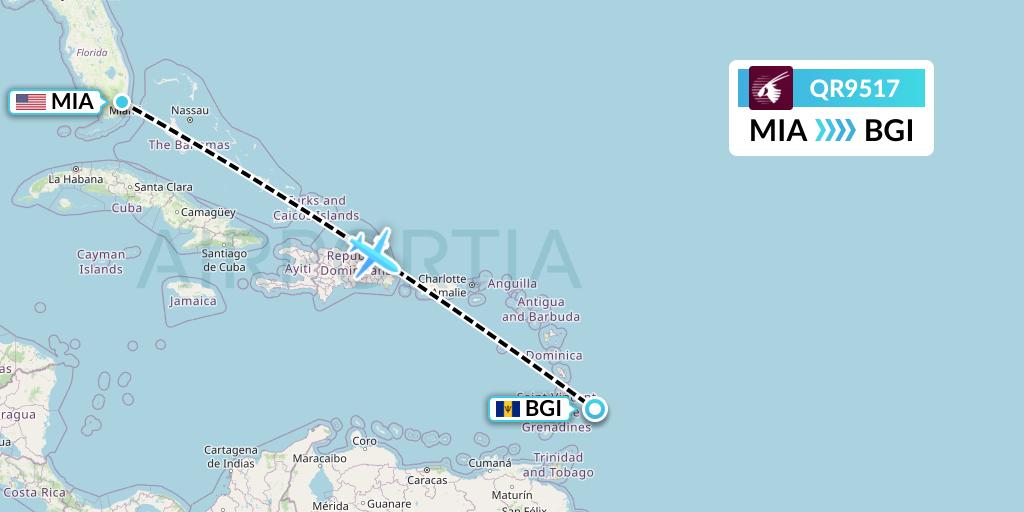 QR9517 Qatar Airways Flight Map: Miami to Bridgetown