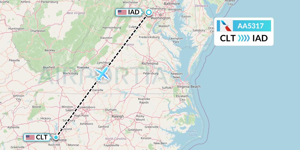 AA5317 American Airlines Flight Map: Charlotte to Washington