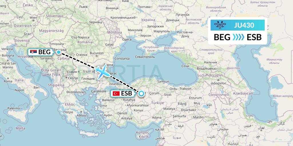 JU430 AirSERBIA Flight Map: Belgrade to Ankara