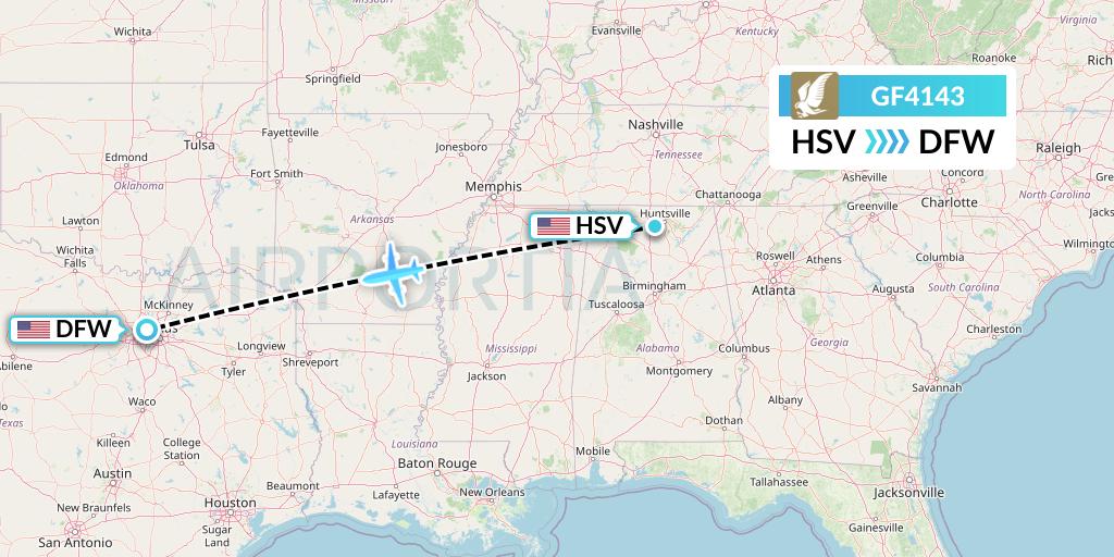 GF4143 Gulf Air Flight Map: Huntsville to Dallas