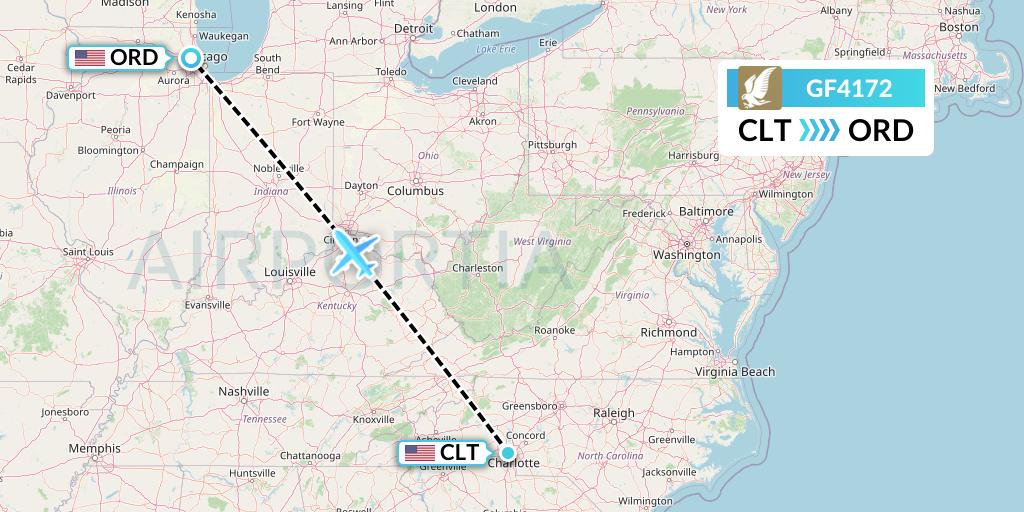 GF4172 Gulf Air Flight Map: Charlotte to Chicago