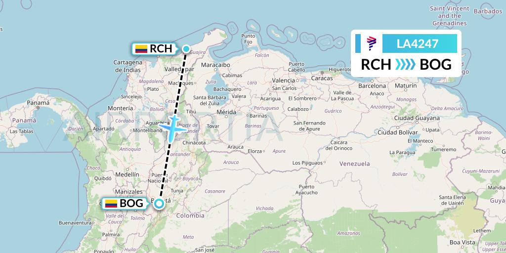 LA4247 LAN Airlines Flight Map: Riohacha to Bogota