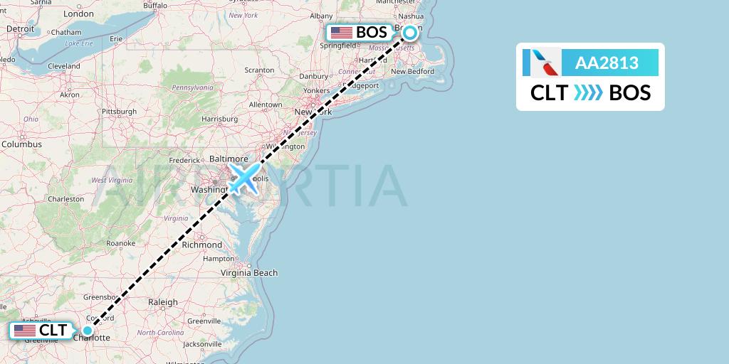 AA2813 American Airlines Flight Map: Charlotte to Boston