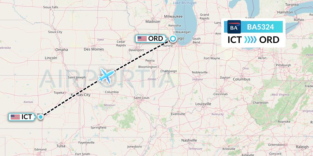 BA5324 British Airways Flight Map: Wichita to Chicago