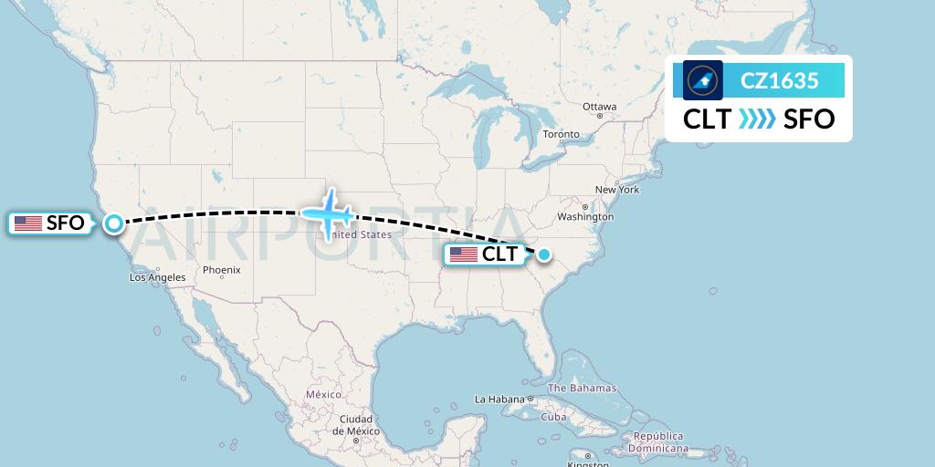 CZ1635 China Southern Airlines Flight Map: Charlotte to San Francisco