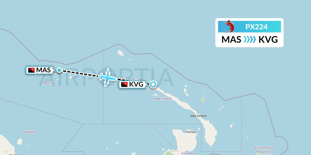 PX224 Air Niugini Flight Map: Papua New Guinea to Kavieng