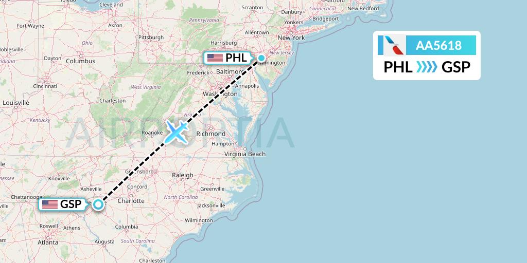 AA5618 American Airlines Flight Map: Philadelphia to Greenville-Spartanburg