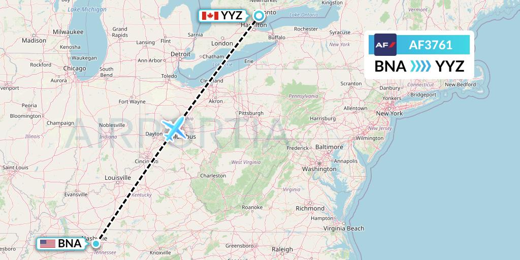 AF3761 Air France Flight Map: Nashville to Toronto