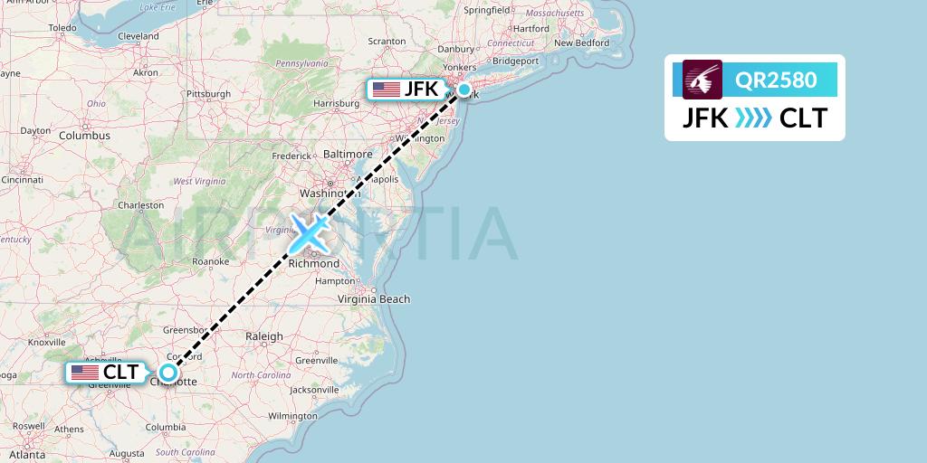 QR2580 Qatar Airways Flight Map: New York to Charlotte