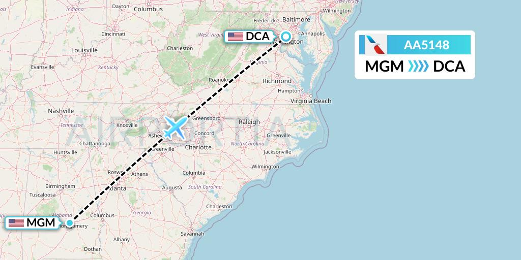 AA5148 American Airlines Flight Map: Montgomery to Washington