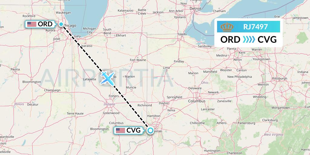 RJ7497 Royal Jordanian Flight Map: Chicago to Cincinnati