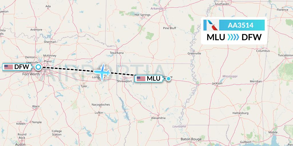 AA3514 American Airlines Flight Map: Monroe to Dallas