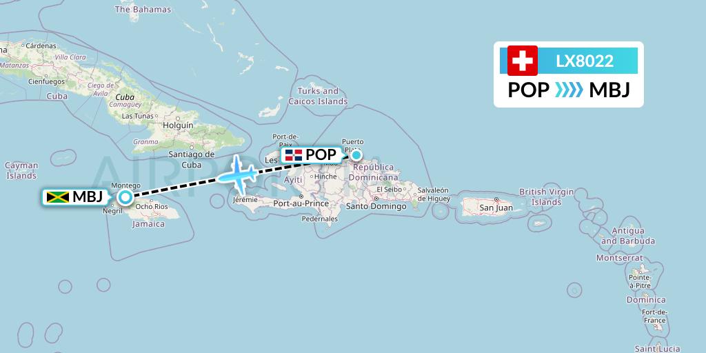 LX8022 Swiss Flight Map: Puerto Plata to Montego Bay