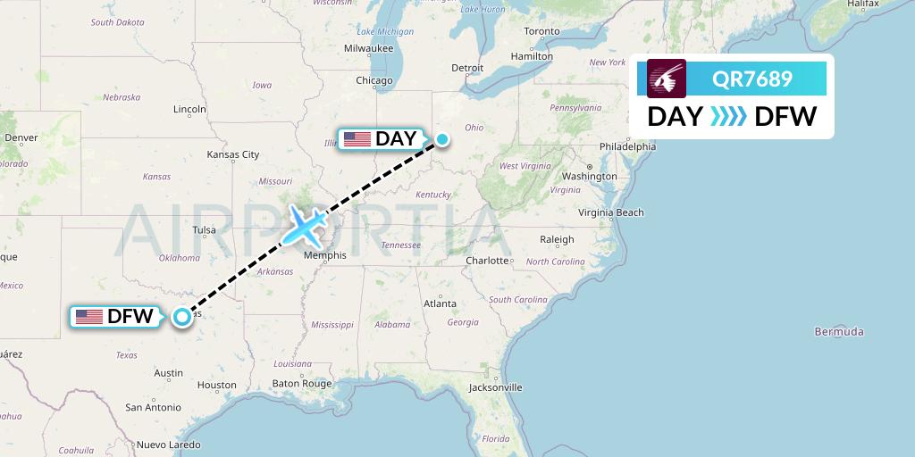 QR7689 Qatar Airways Flight Map: Dayton to Dallas