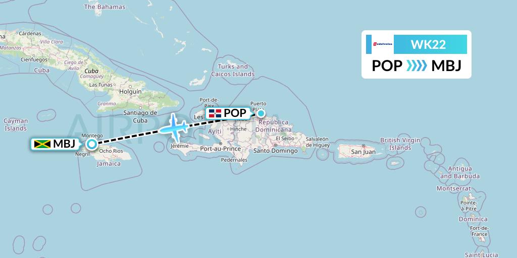 WK22 Edelweiss Air Flight Map: Puerto Plata to Montego Bay