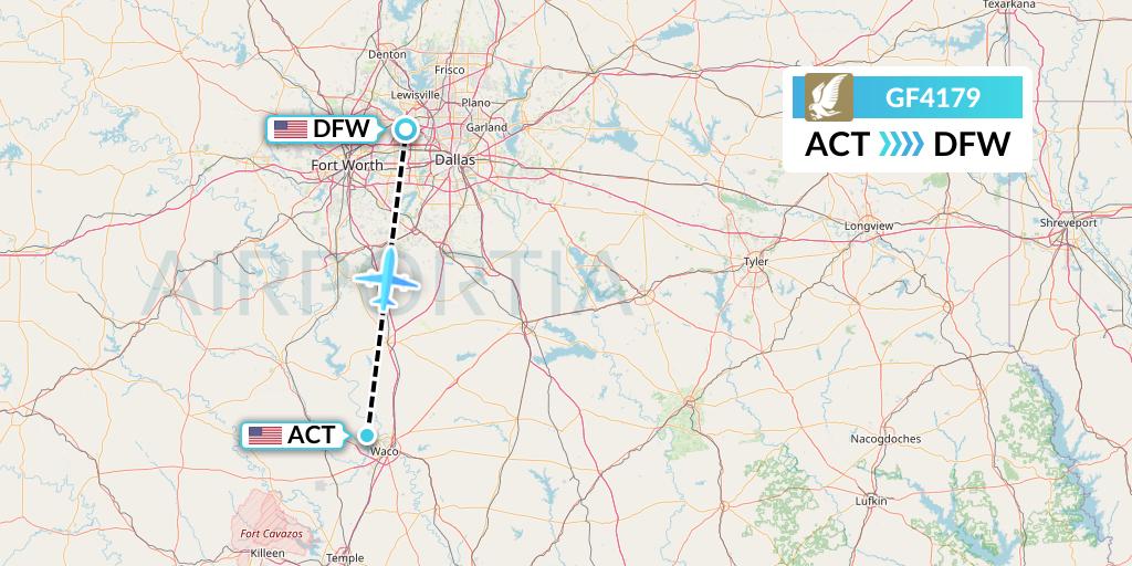 GF4179 Gulf Air Flight Map: Waco to Dallas