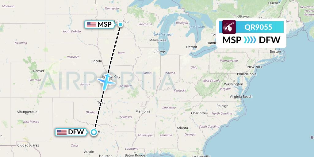 QR9055 Qatar Airways Flight Map: Minneapolis to Dallas