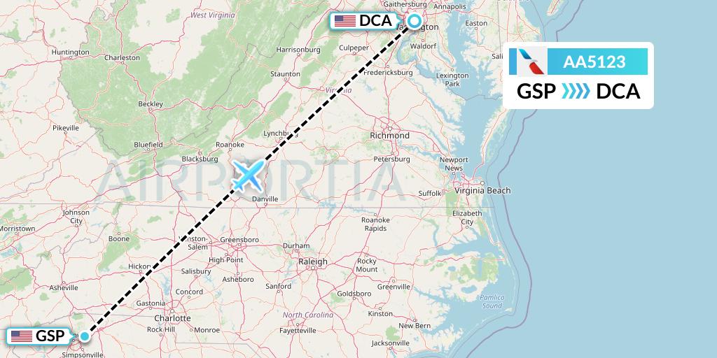 AA5123 American Airlines Flight Map: Greenville-Spartanburg to Washington
