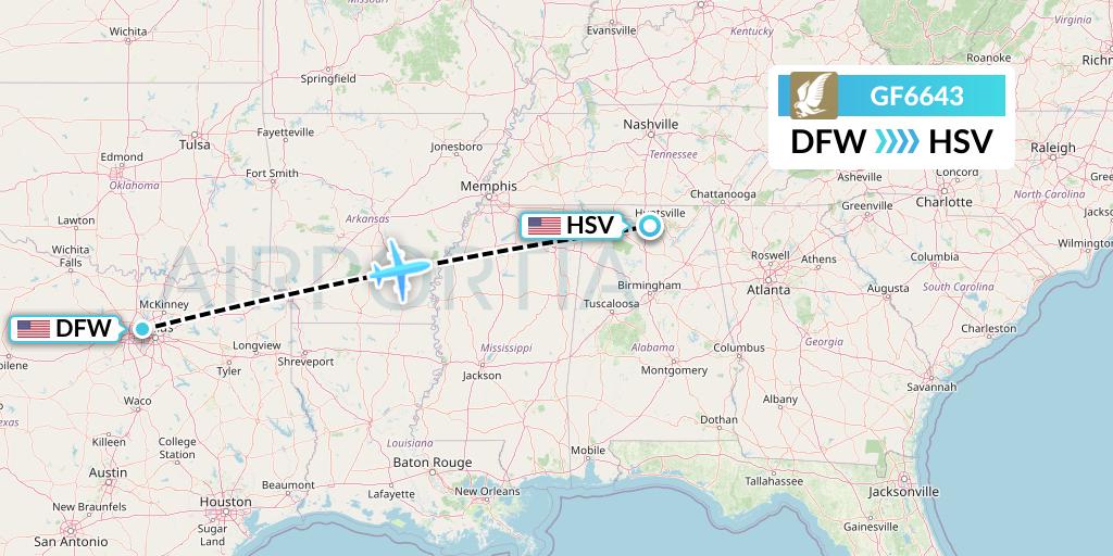 GF6643 Gulf Air Flight Map: Dallas to Huntsville