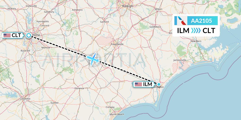 AA2105 American Airlines Flight Map: Wilmington to Charlotte