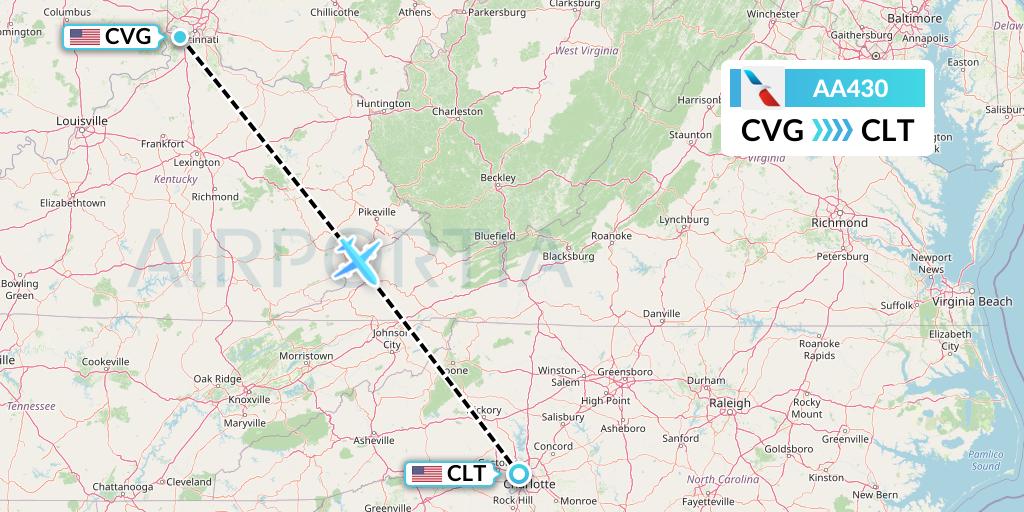 AA430 American Airlines Flight Map: Cincinnati to Charlotte