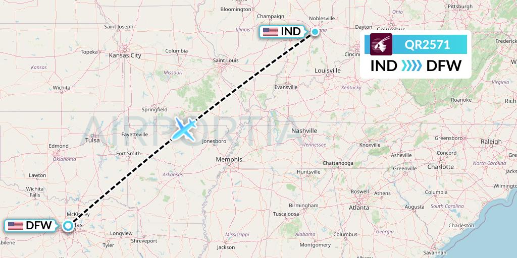 QR2571 Qatar Airways Flight Map: Indianapolis to Dallas