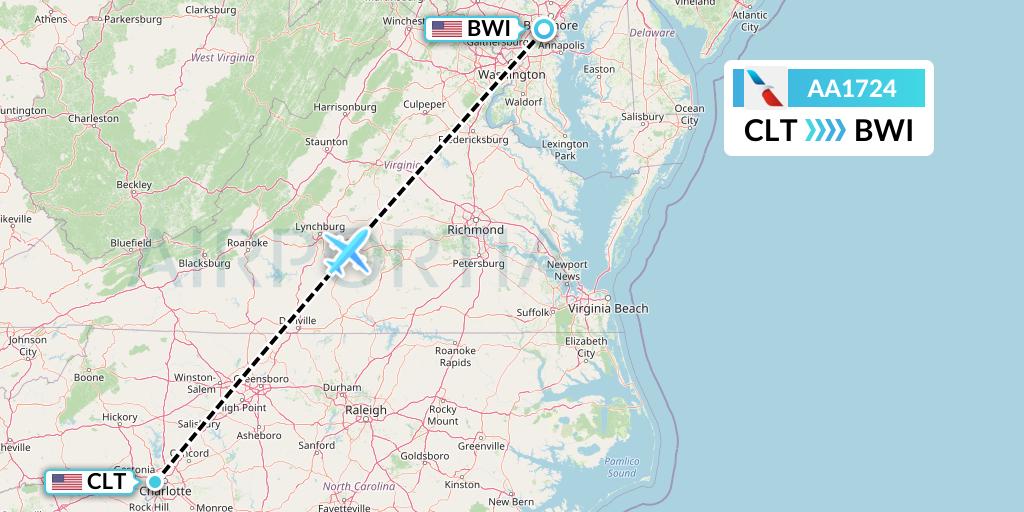 AA1724 American Airlines Flight Map: Charlotte to Baltimore