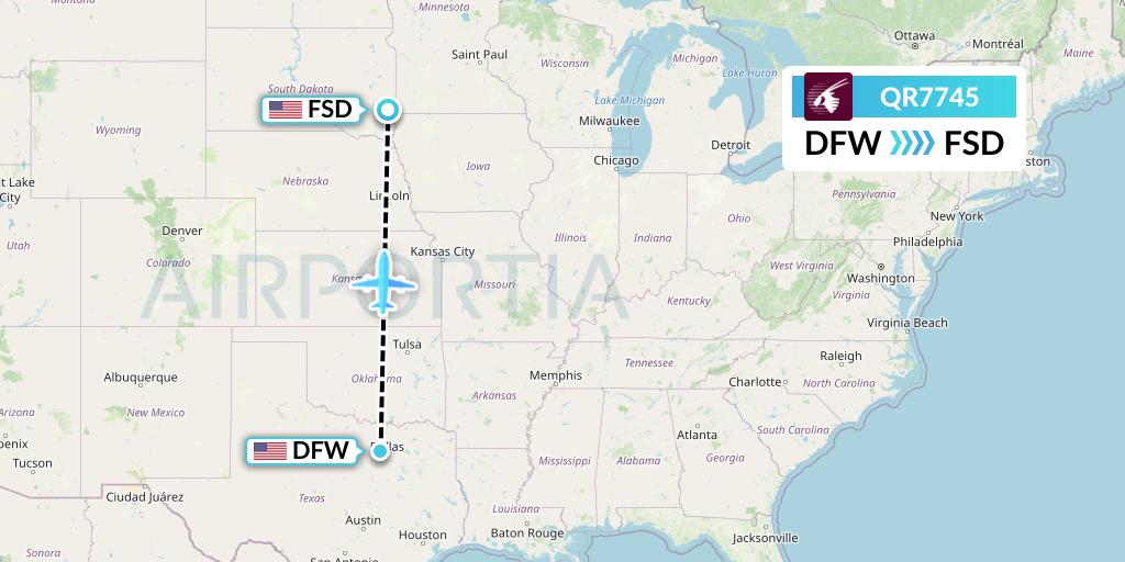 QR7745 Qatar Airways Flight Map: Dallas to Sioux Falls