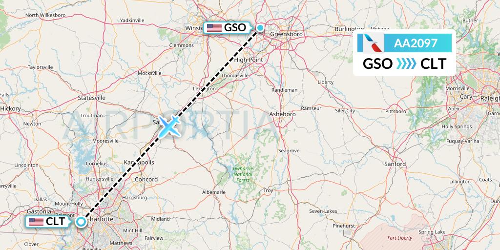 AA2097 American Airlines Flight Map: Greensboro to Charlotte