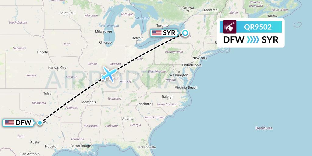 QR9502 Qatar Airways Flight Map: Dallas to Syracuse