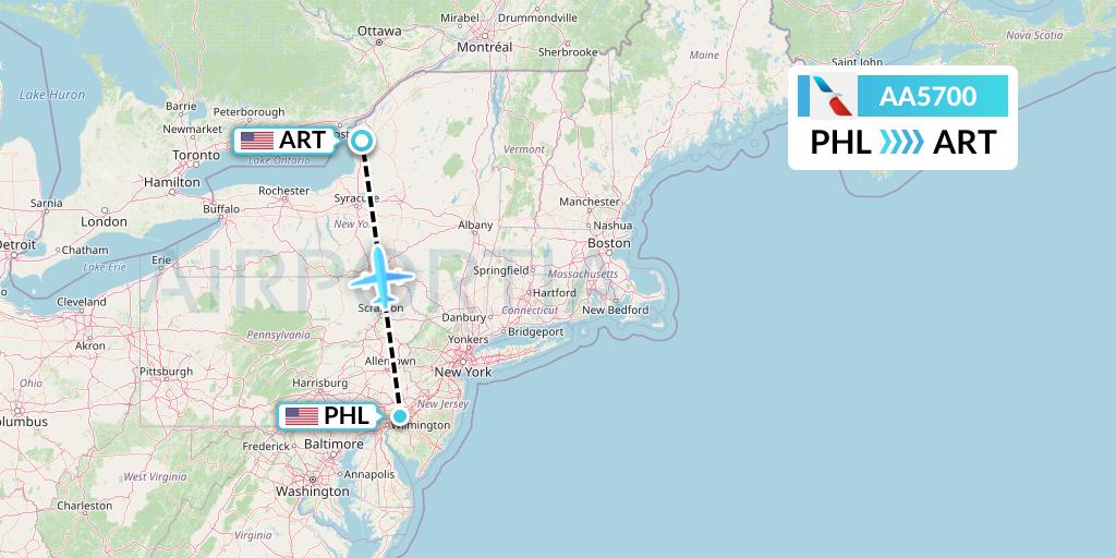 AA5700 American Airlines Flight Map: Philadelphia to Watertown