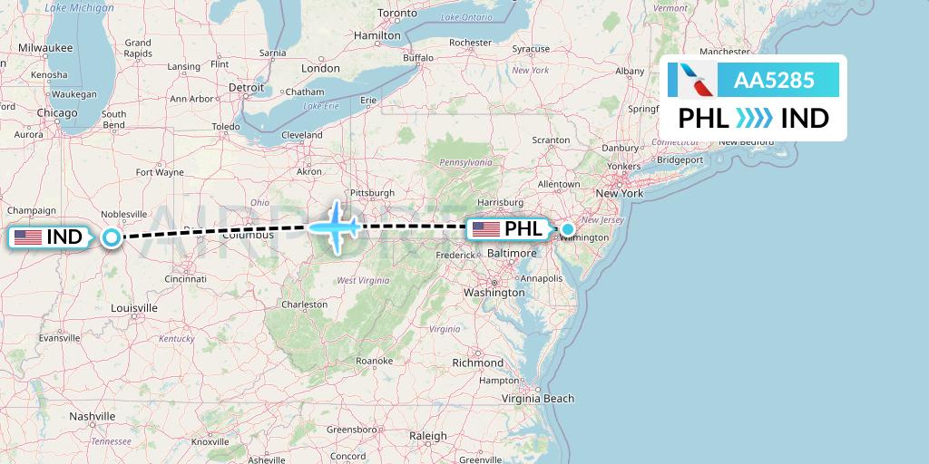 AA5285 American Airlines Flight Map: Philadelphia to Indianapolis