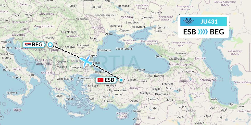 JU431 AirSERBIA Flight Map: Ankara to Belgrade