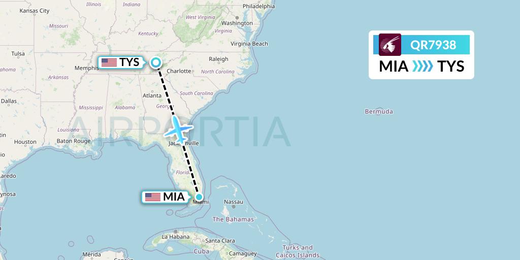 QR7938 Qatar Airways Flight Map: Miami to Knoxville