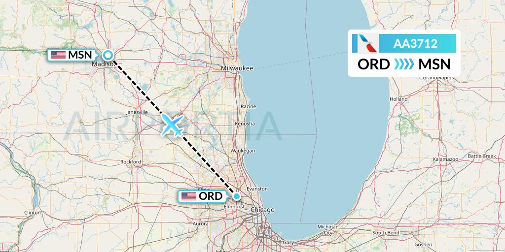 AA3712 American Airlines Flight Map: Chicago to Madison