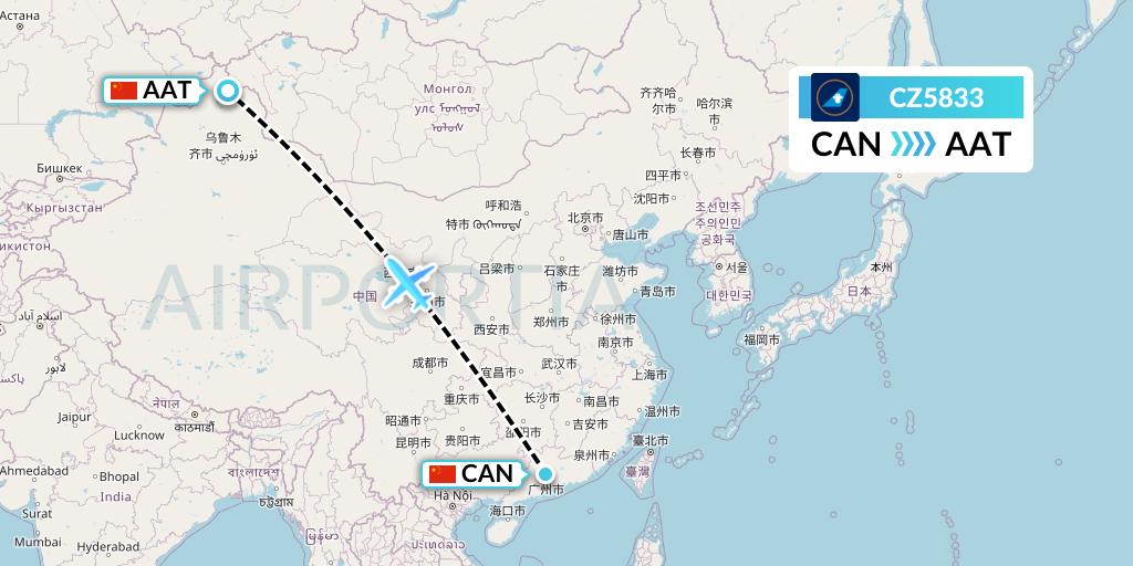 CZ5833 China Southern Airlines Flight Map: Guangzhou to Altay