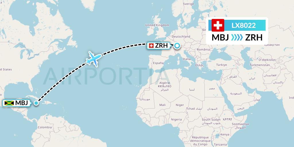 LX8022 Swiss Flight Map: Montego Bay to Zurich