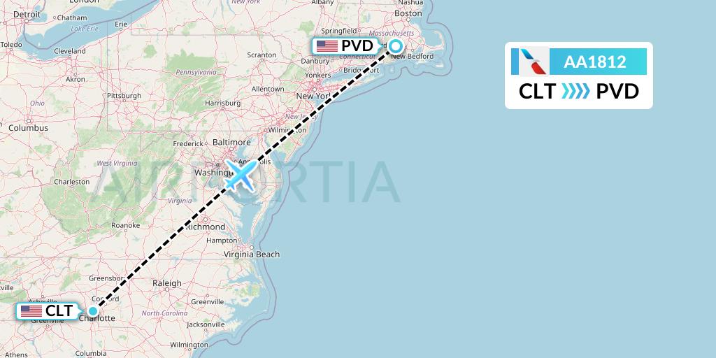 AA1812 American Airlines Flight Map: Charlotte to Providence