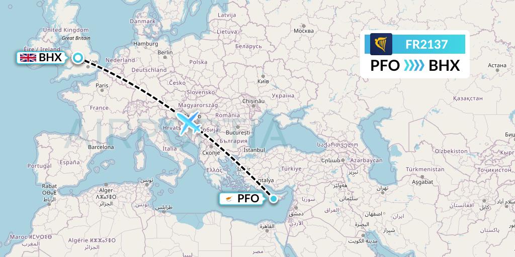 FR2137 Ryanair Flight Map: Pafos to Birmingham