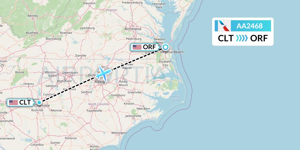 AA2468 American Airlines Flight Map: Charlotte to Norfolk