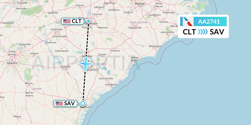 AA2741 American Airlines Flight Map: Charlotte to Savannah