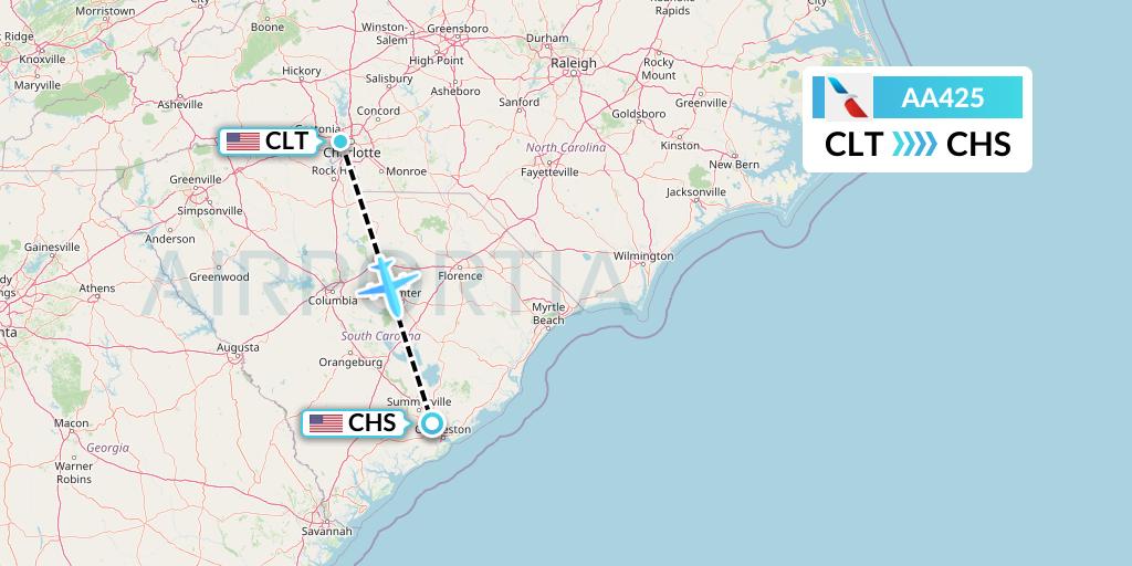 AA425 American Airlines Flight Map: Charlotte to Charleston