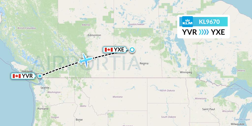 KL9670 KLM Flight Map: Vancouver to Saskatoon