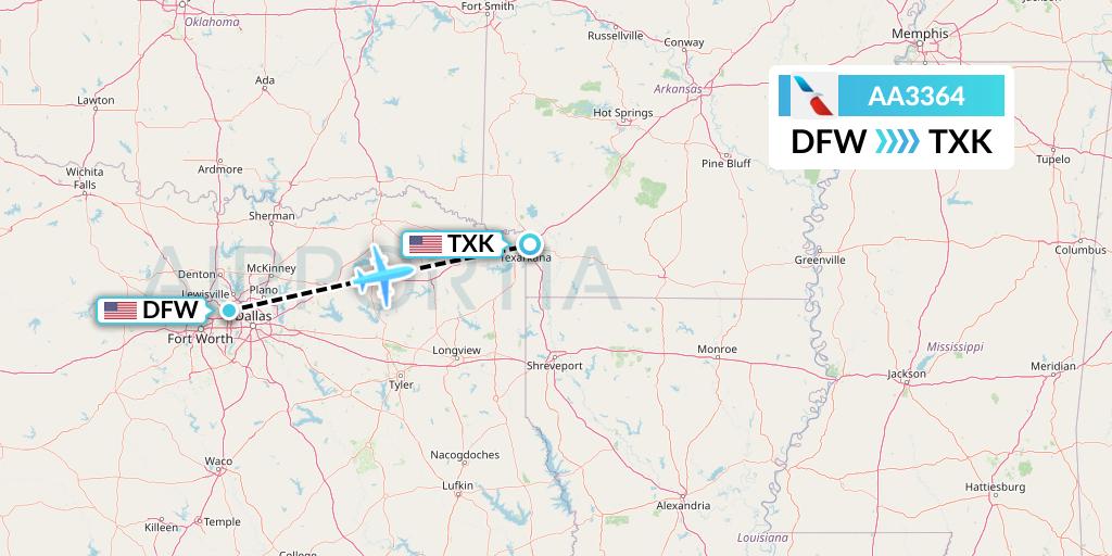 AA3364 American Airlines Flight Map: Dallas to Texarkana