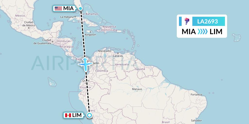 LA2693 LAN Airlines Flight Map: Miami to Lima