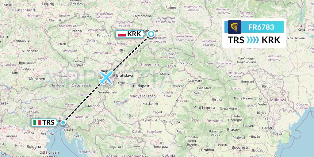 FR6783 Ryanair Flight Map: Trieste to Krakow